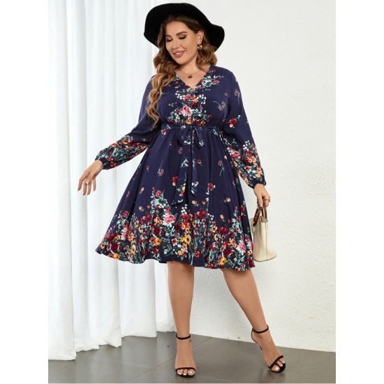  Casual V-Neck Floral Long Sleeve Dress