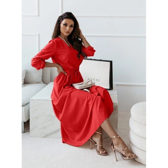  Temperament V Neck Pure Color Long Dress