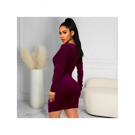 Fall V Neck Ruched Long Sleeve Short Dress