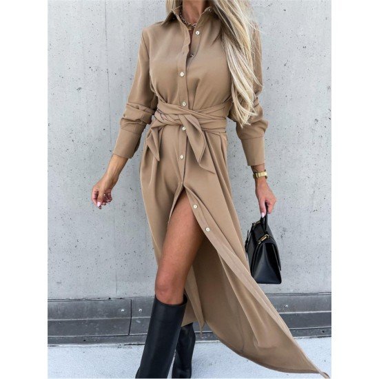  Pure Color Split Long Sleeve Dress