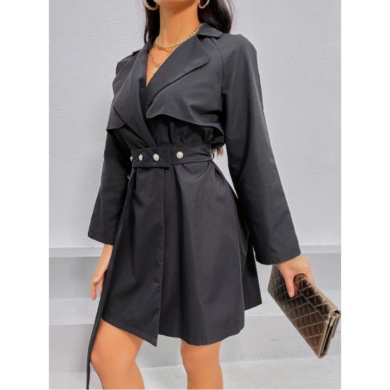 Women Black Long Sleeve Knee Length Jacket Coats