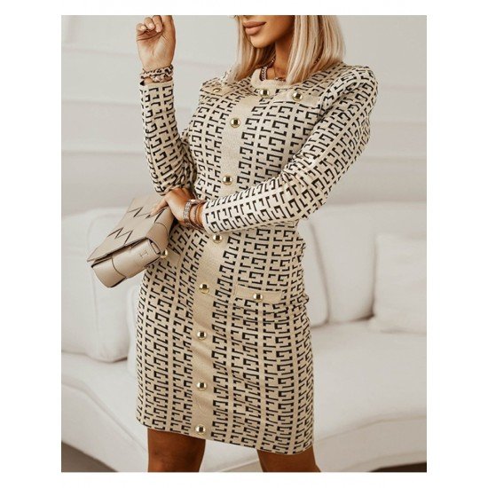  Temperament Geometric Pattern Women's Long Sleeve Dress