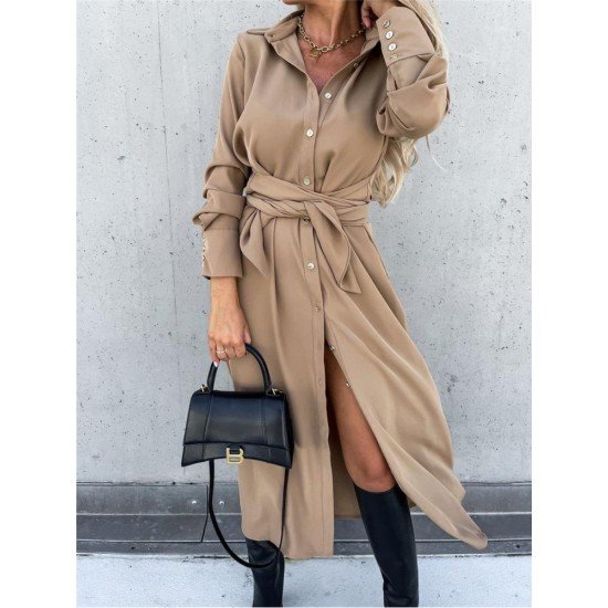  Pure Color Split Long Sleeve Dress