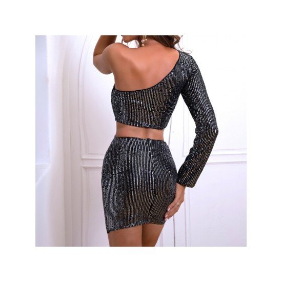 Sexy Cut Out Black One Shoulder Sequined Dress