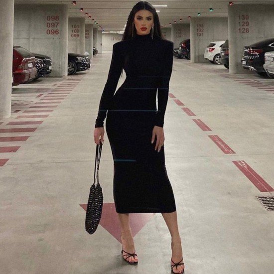 Mock Neck Long Sleeve Black Midi Dress