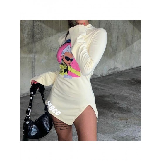  Cartoon Pattern Slit Long Sleeve Short Dress