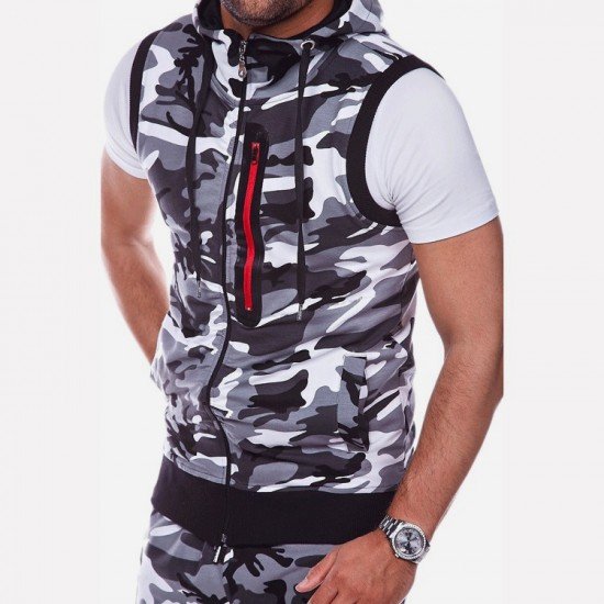  Casual Slim Sleeveless Hooded Camouflage Men's Top