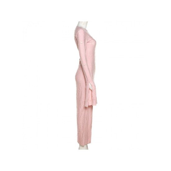 Ripped Ladies Pink Long Sleeve Maxi Dresses