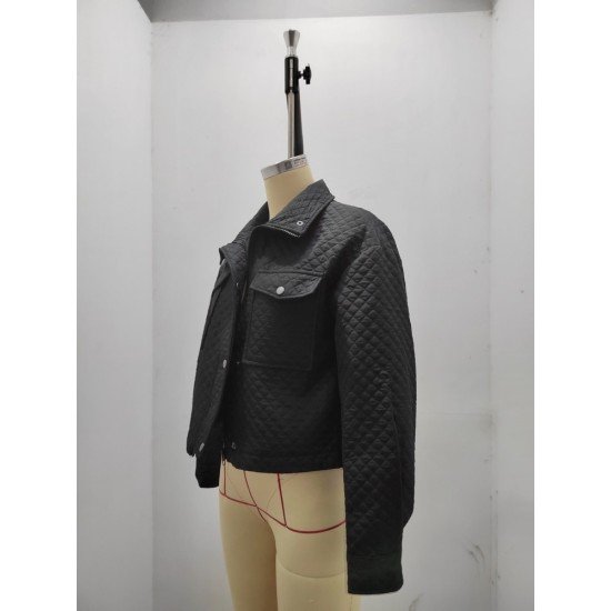 Rhombus Lattice Pockets Black Jacket Coats