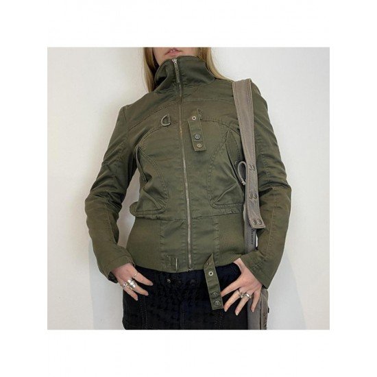 Street Solid Zipper Up Pocket Jacket Coats