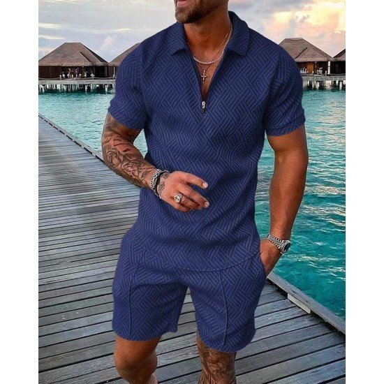  Men's Casual Pure Color Polo Shirt And Shorts Sets