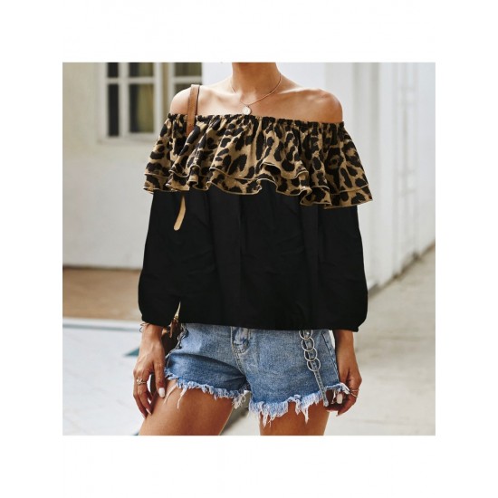  Casual Leopard Print Patchwork Off Shoulder Women's Top