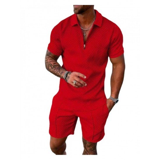  Men's Casual Pure Color Polo Shirt And Shorts Sets