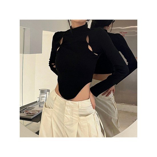 Mock Neck Cut Out Long Sleeve Tops