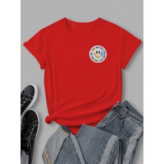 Smile Face Printed Crew Neck T Shirts For Women