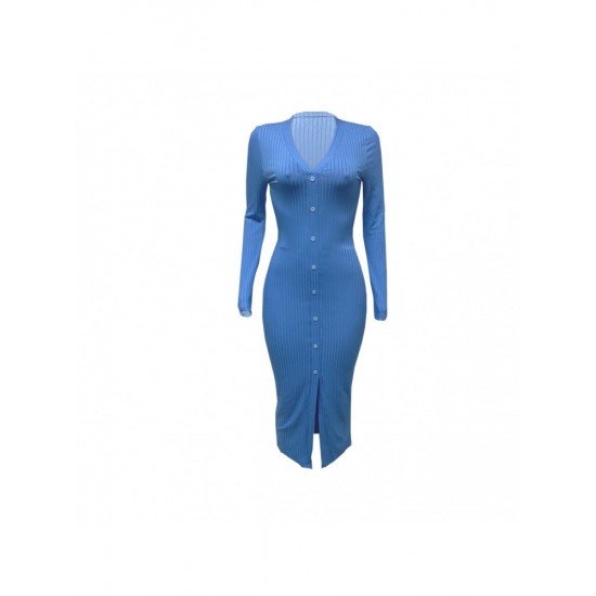  Slim V Neck Pure Color Split Women's Dress