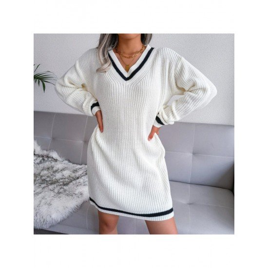 White V Neck Long Sleeve Short Sweater Dresses