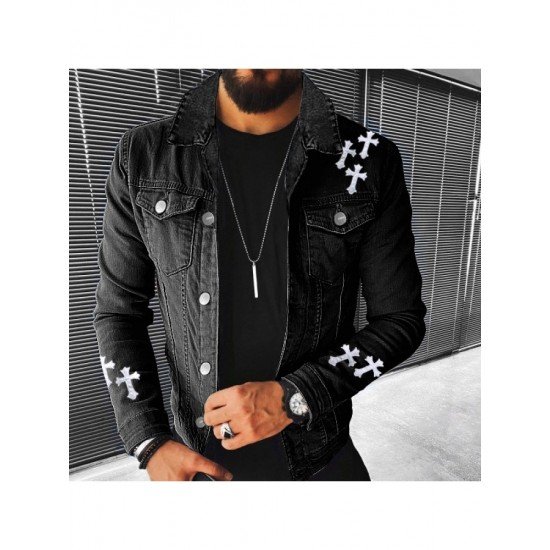 Street Cross Patchwork Black Denim Jackets For Men