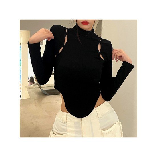 Mock Neck Cut Out Long Sleeve Tops