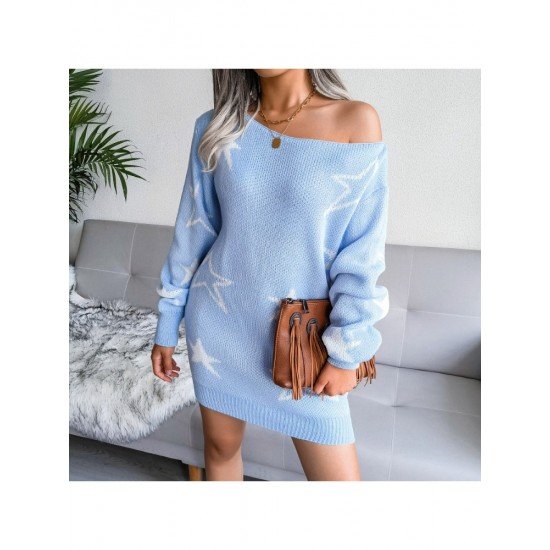 Star Pattern Long Sleeve Women Sweater Dress