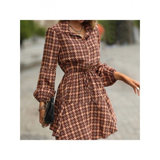 Houndstooth Patchwork Long Sleeve Fall Dress