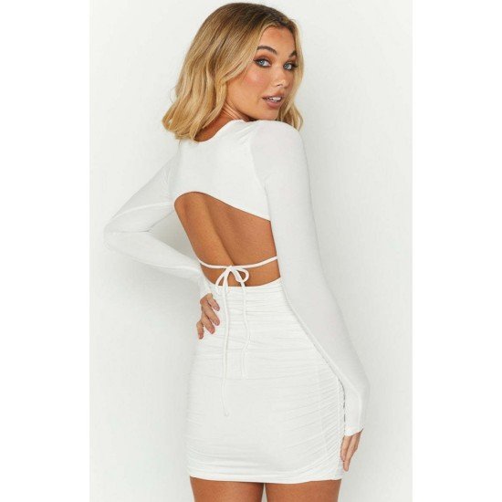 Ruched White Cut Out Long Sleeve Short Dress