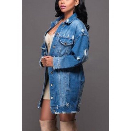 Fall Blue Ripped Long Sleeve Denim Jackets