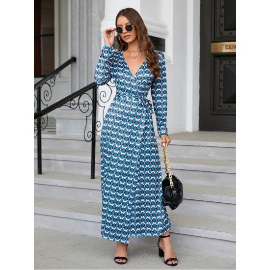  V Neck Printing Women's Long Sleeve Dress