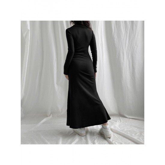 Causal V Neck Long Sleeve Slit Maxi Dresses 