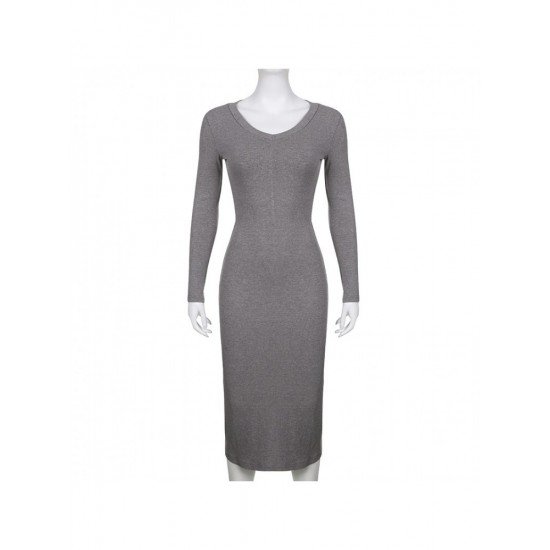 Simple V Neck Solid Long Sleeve Midi Dresses