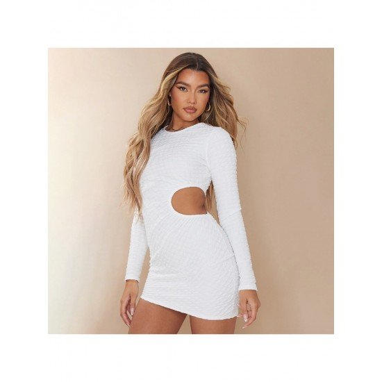 Cut Out White Long Sleeve Bodycon Mini Dress