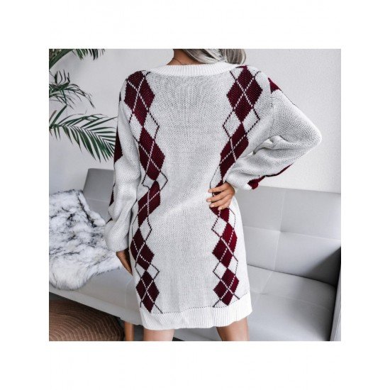 V Neck Rhombus Long Sleeve Sweater Dress