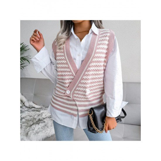 Striped V Neck Sleeveless Sweater Coats