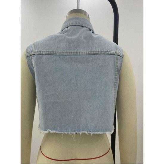 Faux-Pearls Rhinestone Sleeveless Denim Jackets For Women