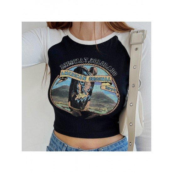 Vintage Raglan Sleeve Printed Crop T Shirts