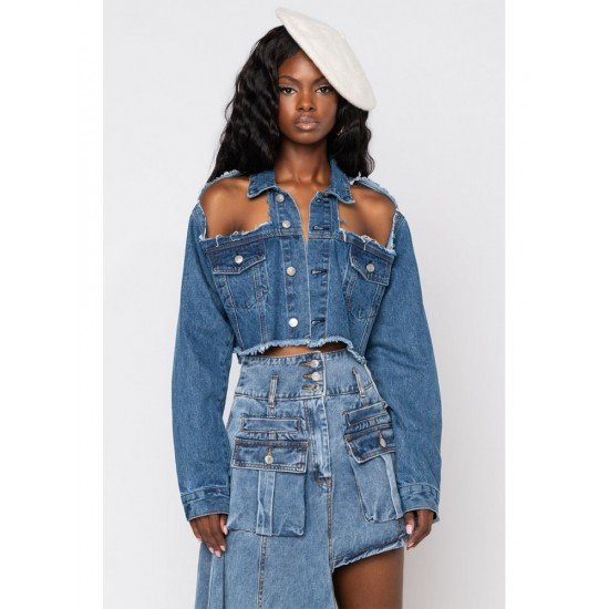 Fashion Pure Color Ripped Long Sleeve Denim Jackets