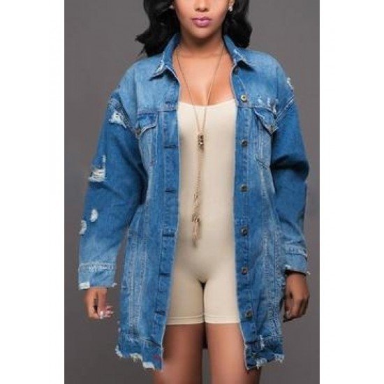 Fall Blue Ripped Long Sleeve Denim Jackets