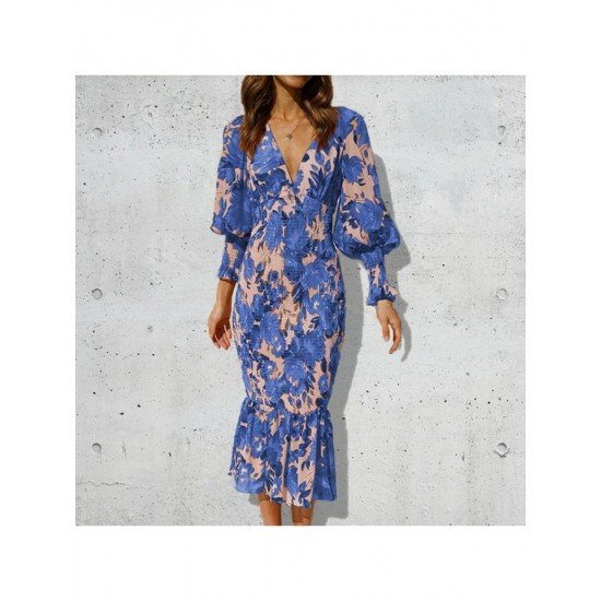  Vacation V-Neck Floral Fishtail Midi Dress