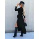  Pure Color Split Long Sleeve Dress