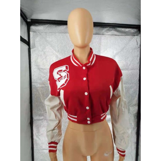 Casual Red Fall Baseball Coats For Women