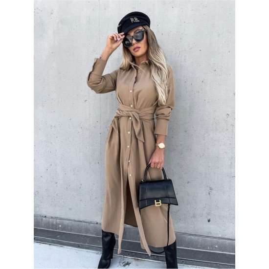  Pure Color Split Long Sleeve Dress