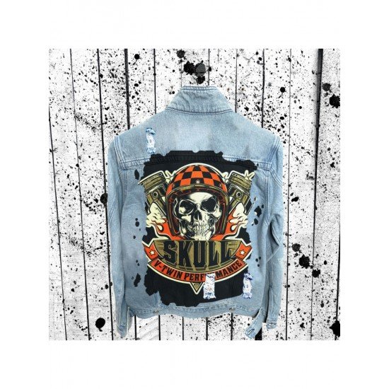 Skull Graphic Blue Denim Jacket Coats For Men