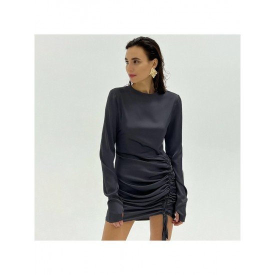 Fall Black Ruched Long Sleeve Mini Dresses