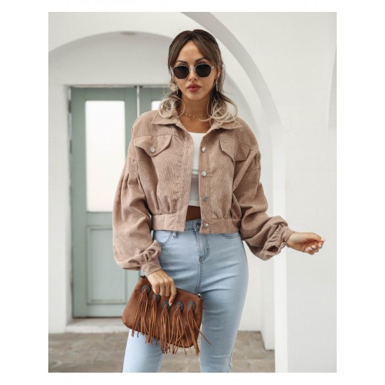  Winter Corduroy Pure Color Lantern Sleeve Women Jacket