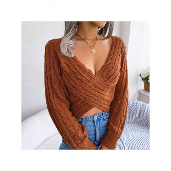 Sexy V Neck Solid Long Sleeve Cropped Sweaters