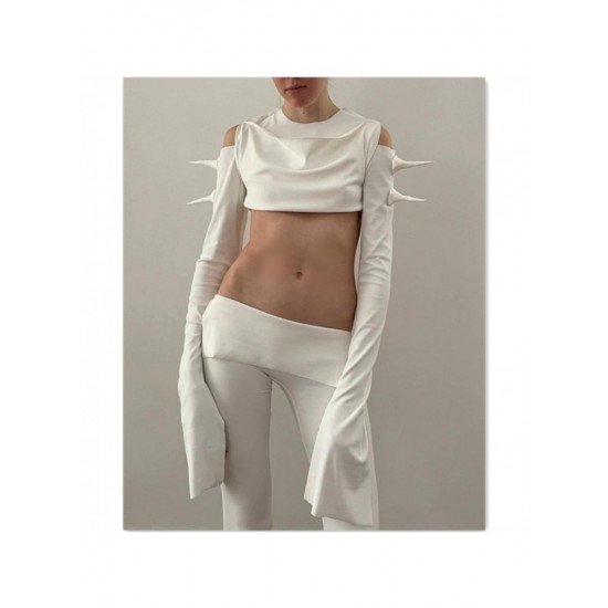 Designer Cold Sleeve White Cropped Tops For Ladies