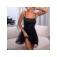 Ladies Black Square Neck Spaghetti Straps Puffy Dress