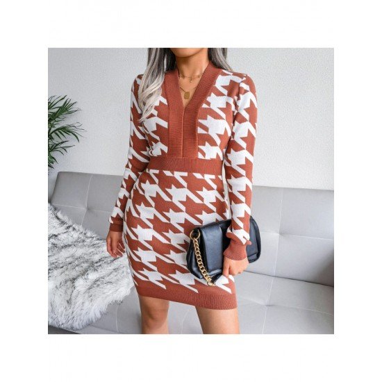 Houndstooth V Neck Long Sleeve Sweater Dress