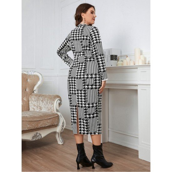  V Neck Houndstooth Women's Long Sleeve Dress