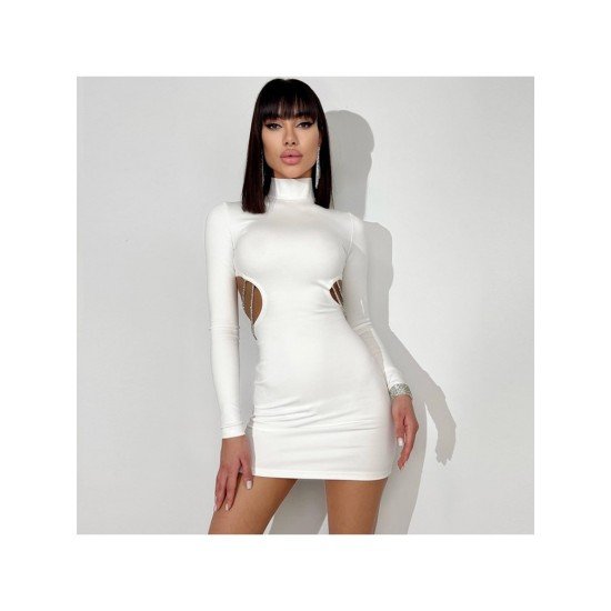 Sexy Cut Out White Mock Neck Bodycon Mini Dress